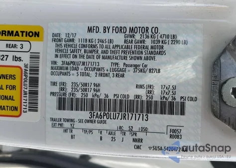 2018 Ford Fusion Se Hybrid из США, поврежденный, VIN 3FA6P0LU7JR171713